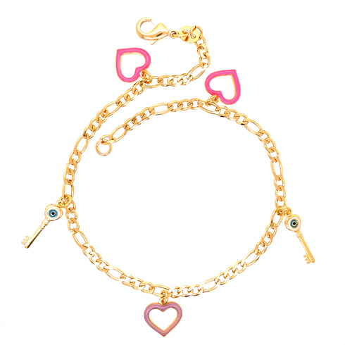 The Evil Eye Keys and Hearts Charms bracelet figaro link chain is a 14k gold-filled piece featuring a heart charm and two key charms. This bracelet, adorned with pink heart accents and small eye details, offers spiritual protection to its wearer.